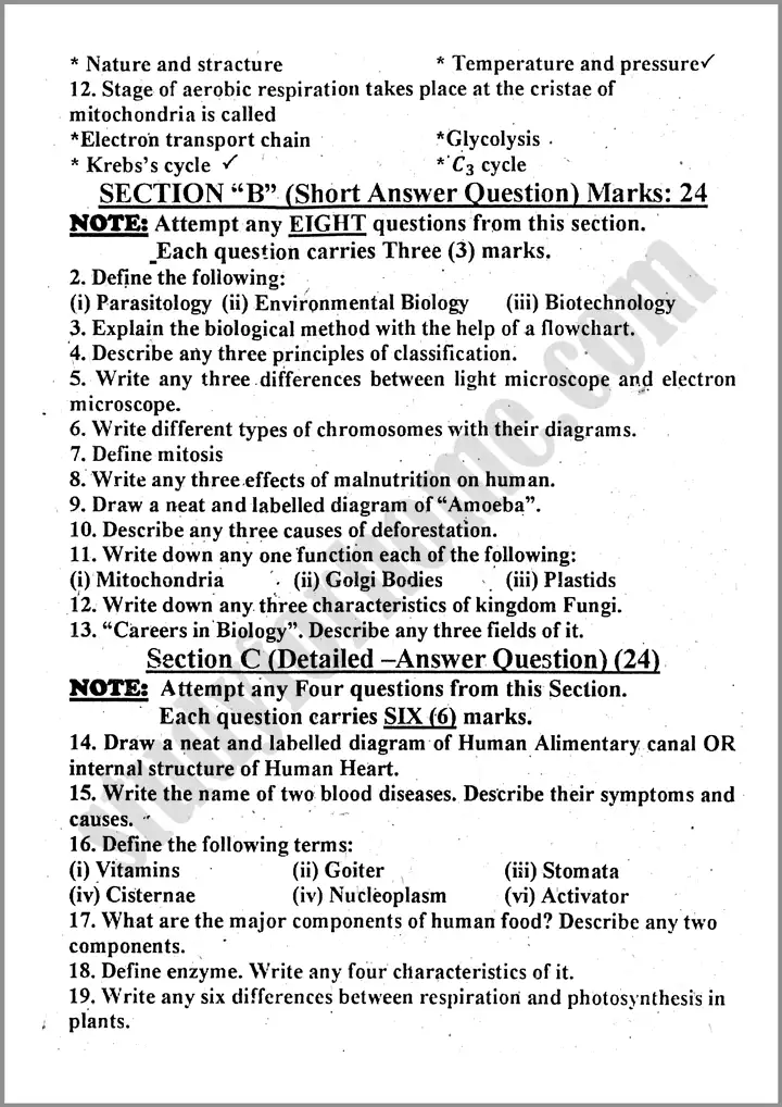 biology 9th past year paper 2024 for class 9th 2