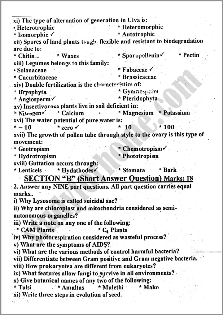 botany past year paper 2024 for class 11th 2