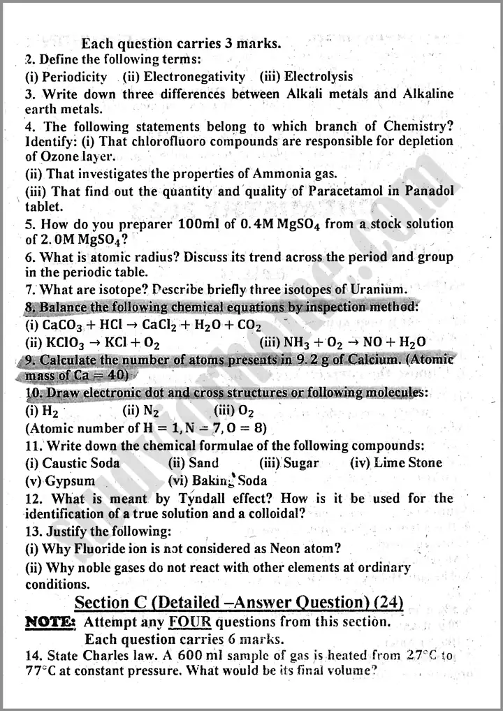 chemistry 9th past year paper 2024 for class 9th 2