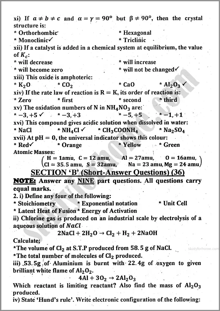 chemistry past year paper 2024 for class 11th 2