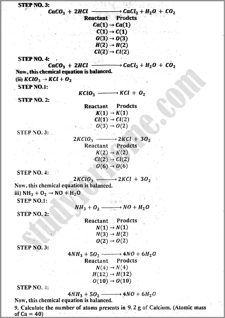 chemistry solved numericals 9th past year paper 2024 for class 9th 2