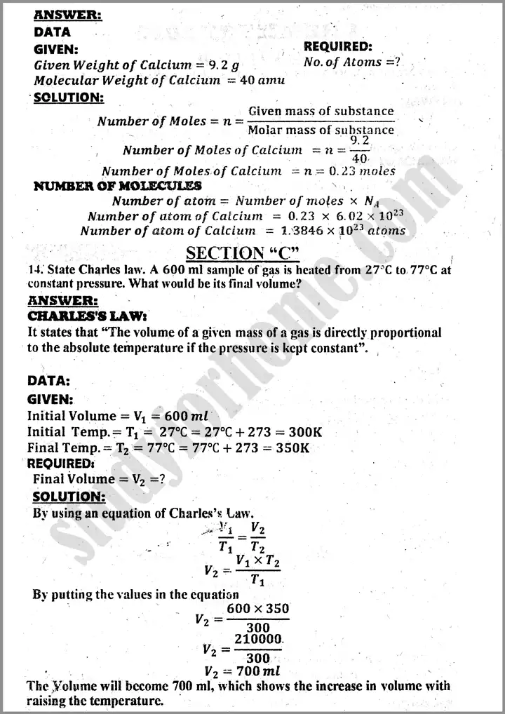 chemistry solved numericals 9th past year paper 2024 for class 9th 3