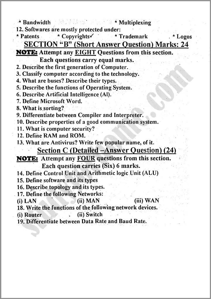 computer studies 9th past year paper 2024 for class 9th 2