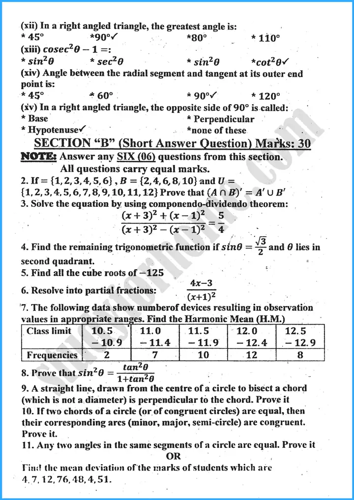 mathematics past year paper 2024 for class 10th 2