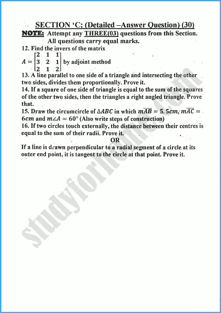 mathematics past year paper 2024 for class 10th 3