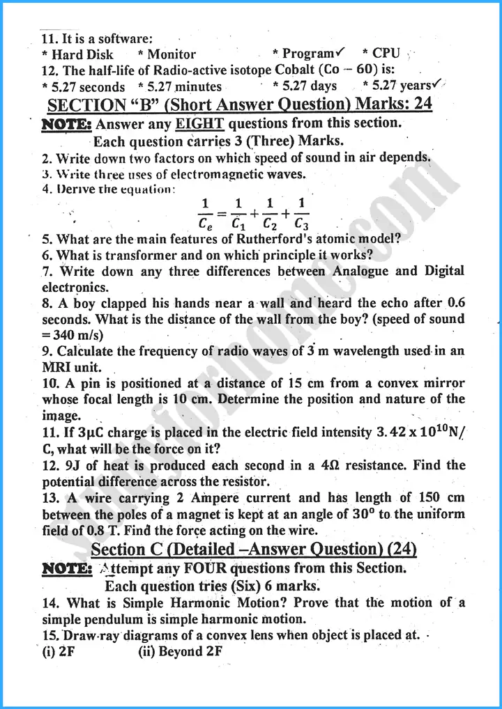 physics past year paper 2024 for class 10th 2