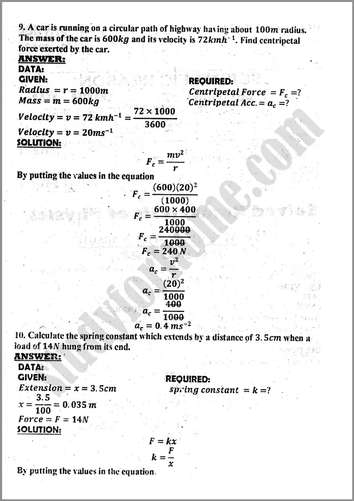 physics solved numericals 9th past year paper 2024 for class 9th 2