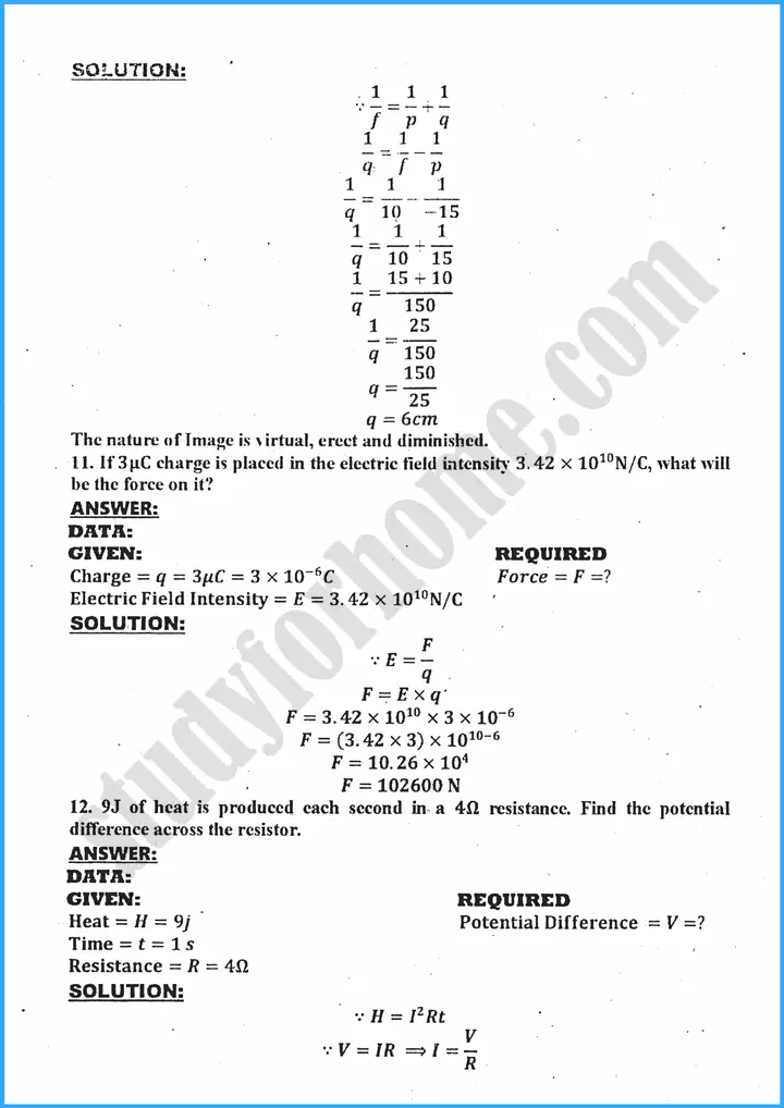 physics solved numericals past year paper 2024 for class 10th 2