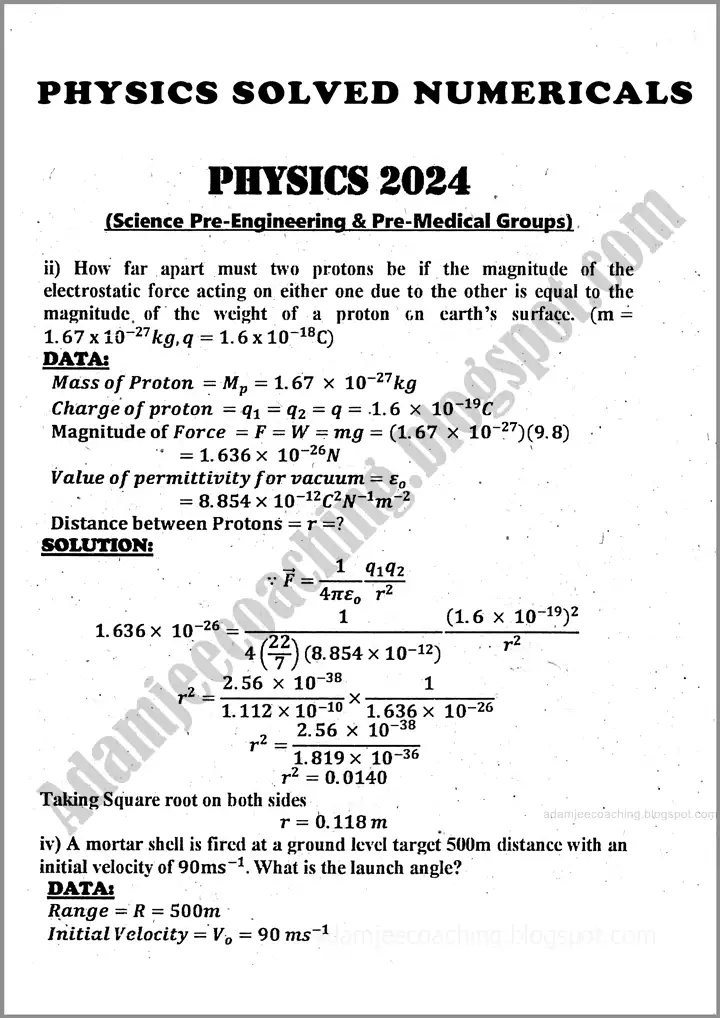 physics solved numericals past year paper 2024 for class 11th 1