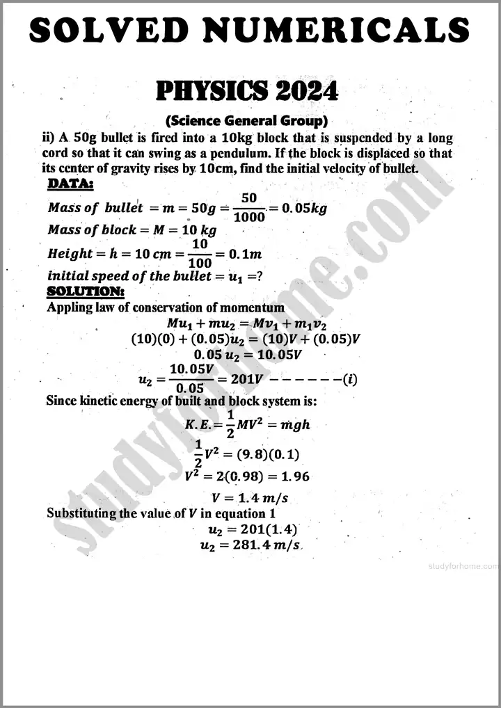 physics solved numericals past year paper 2024 for class 11th 6