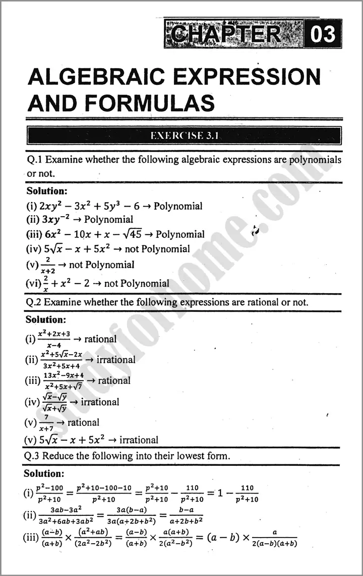 algebraic expression and formulas exercise 3 1 mathematics class 9th 01