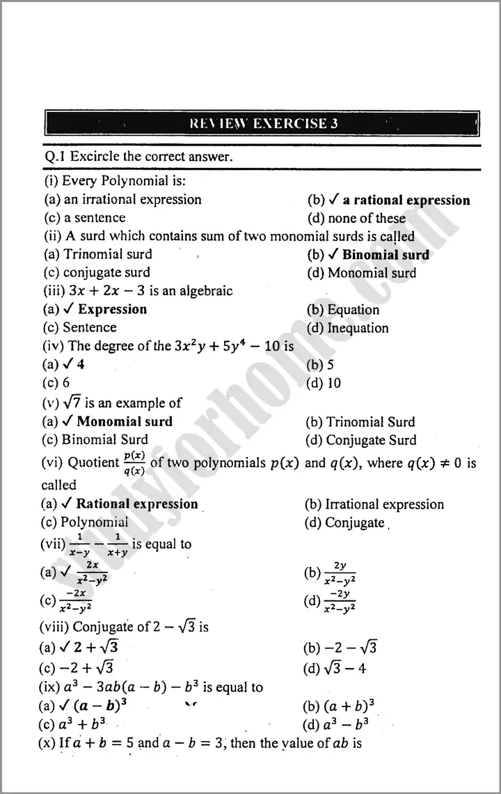 algebraic expression and formulas review exercise 3 mathematics class 9th 01