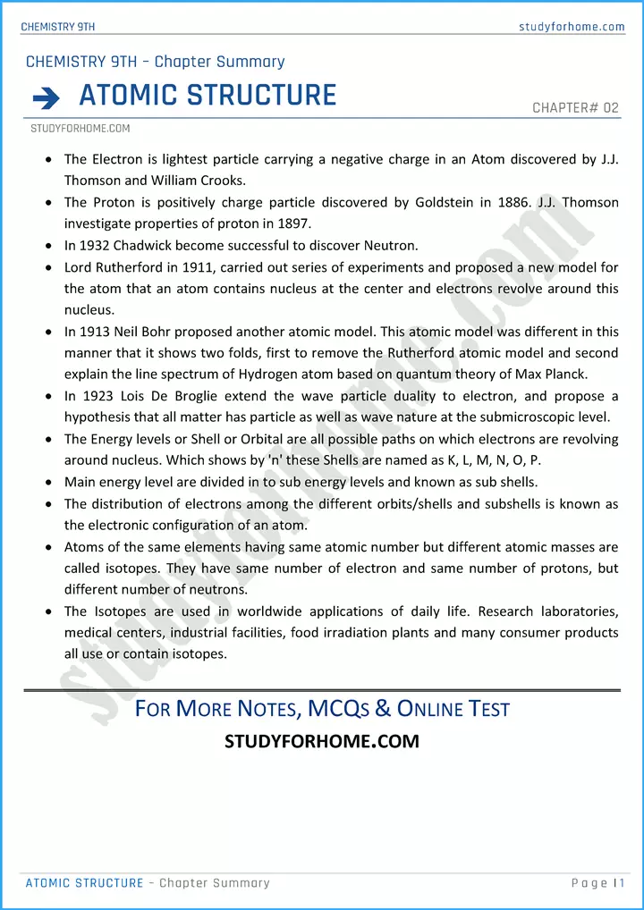 atomic-structure-chapter-summary-chemistry-class-9th