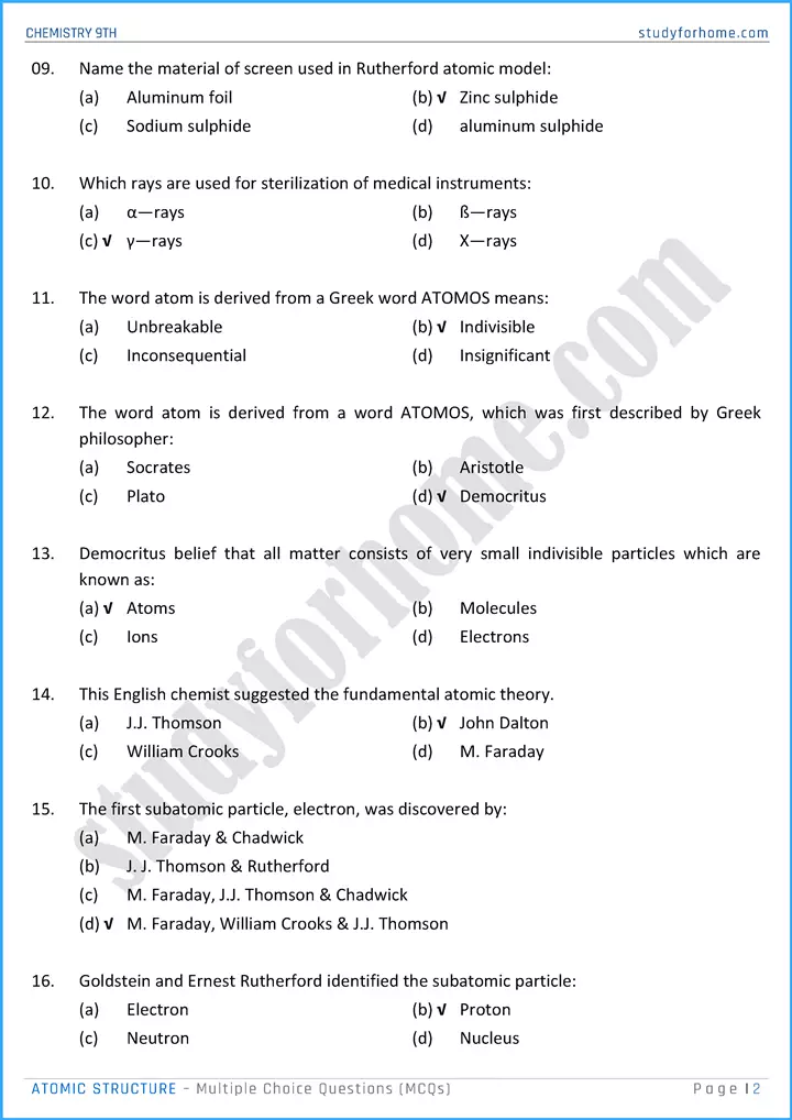 atomic structure multiple choice questions chemistry class 9th 02