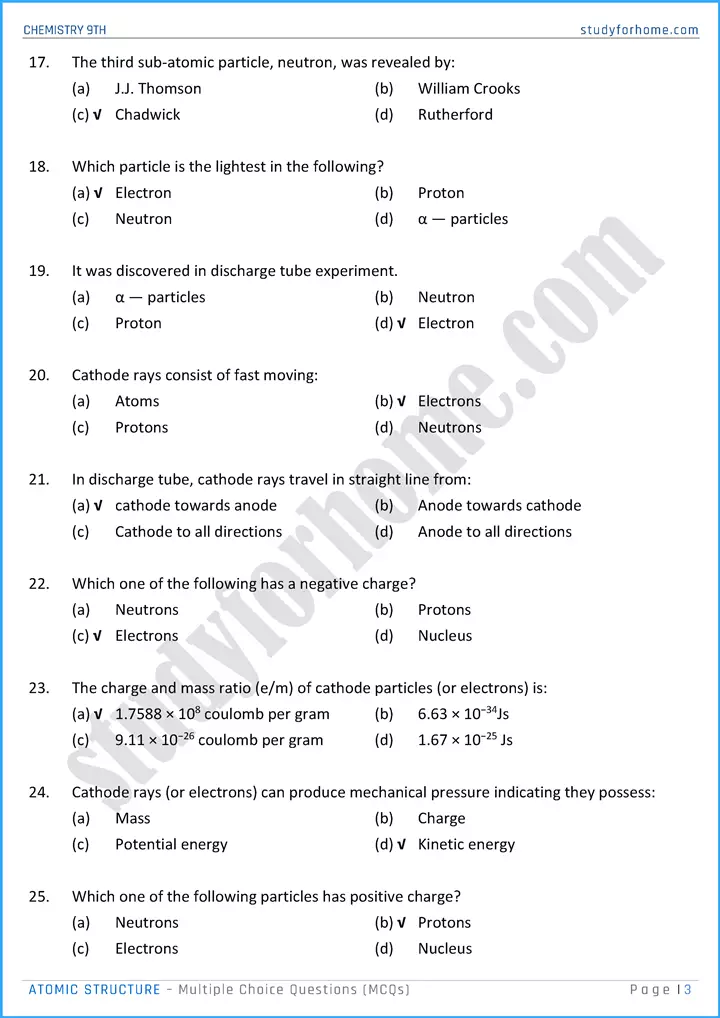 atomic structure multiple choice questions chemistry class 9th 03