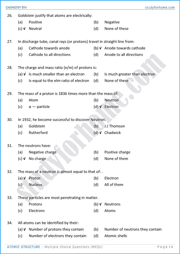 atomic structure multiple choice questions chemistry class 9th 04