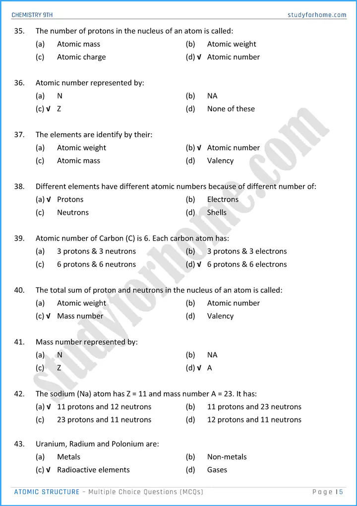 atomic structure multiple choice questions chemistry class 9th 05