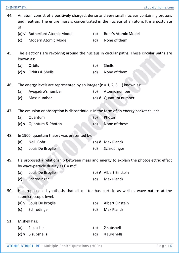 atomic structure multiple choice questions chemistry class 9th 06