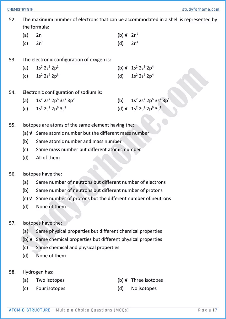 atomic structure multiple choice questions chemistry class 9th 07