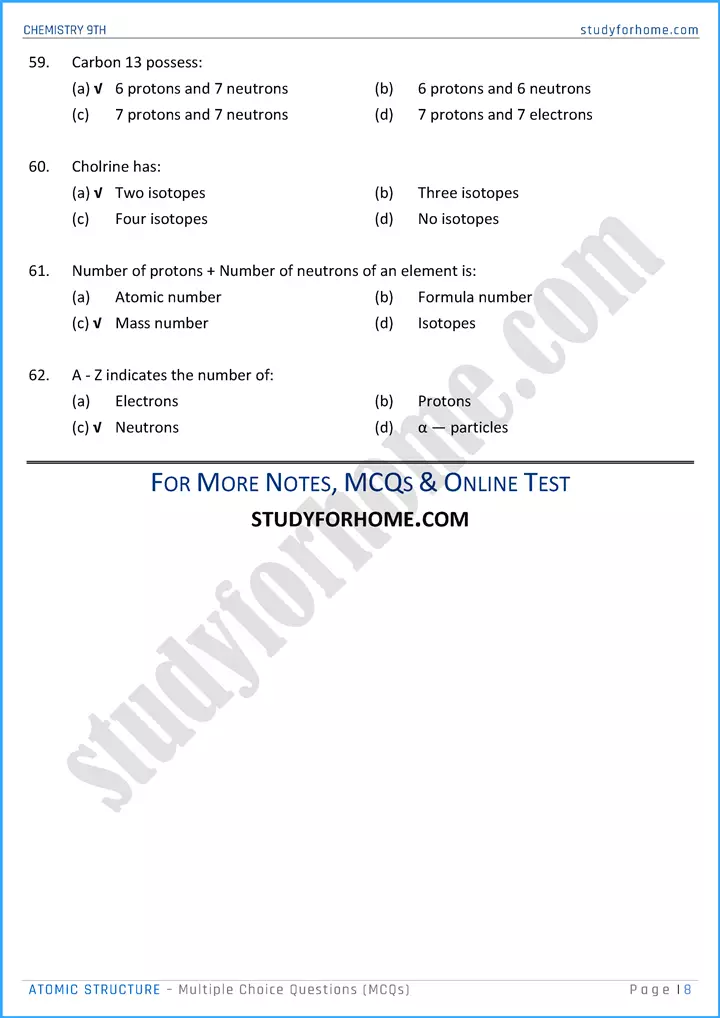 atomic structure multiple choice questions chemistry class 9th 08