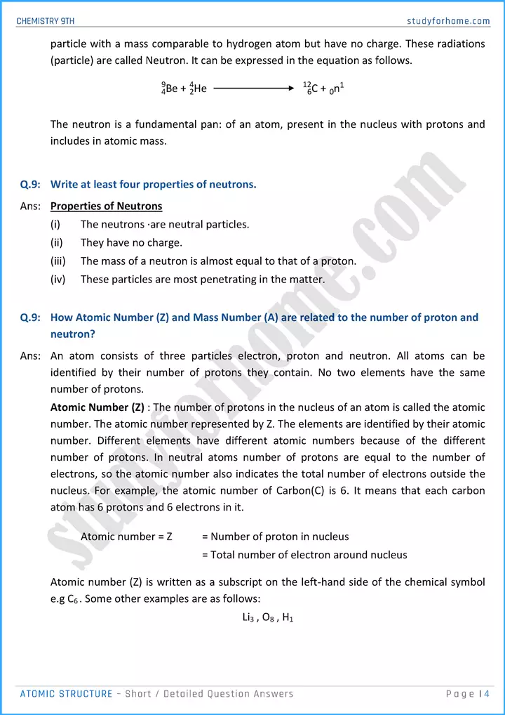 atomic structure short and detailed question answers chemistry class 9th 04