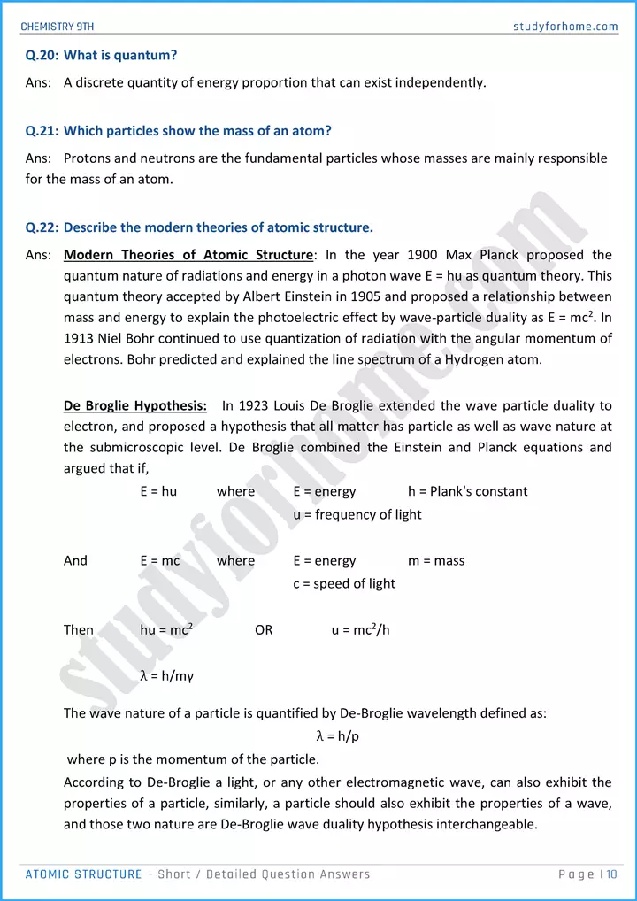 atomic structure short and detailed question answers chemistry class 9th 10