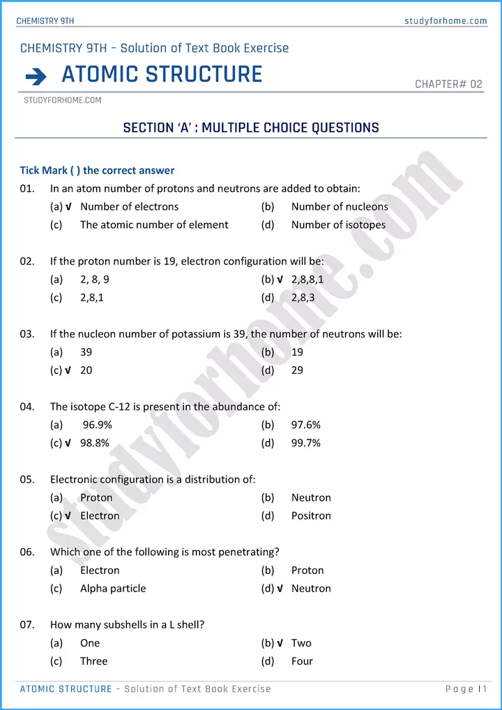 atomic-structure-solution-of-text-book-exercise-chemistry-class-9th