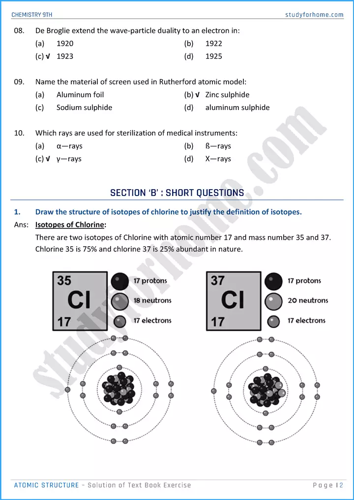 atomic structure solution of text book exercise chemistry class 9th 02