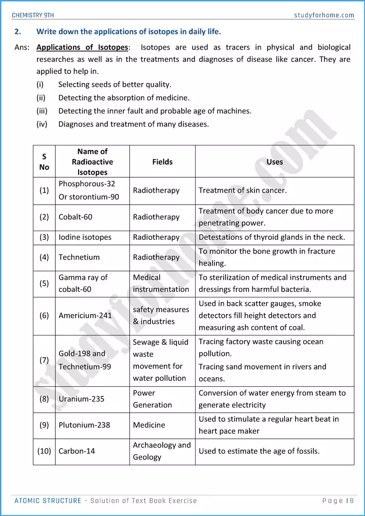 atomic structure solution of text book exercise chemistry class 9th 08