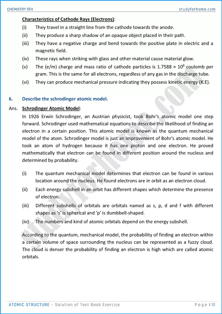 atomic structure solution of text book exercise chemistry class 9th 10