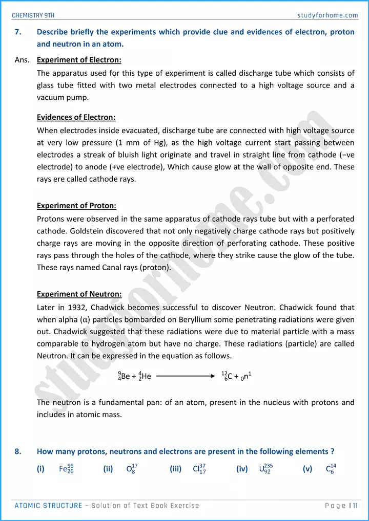 atomic structure solution of text book exercise chemistry class 9th 11