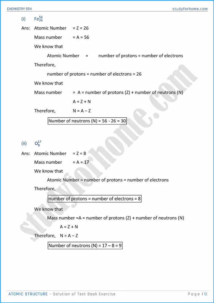 atomic structure solution of text book exercise chemistry class 9th 12