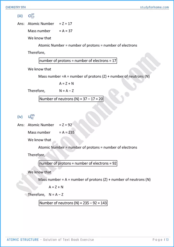 atomic structure solution of text book exercise chemistry class 9th 13