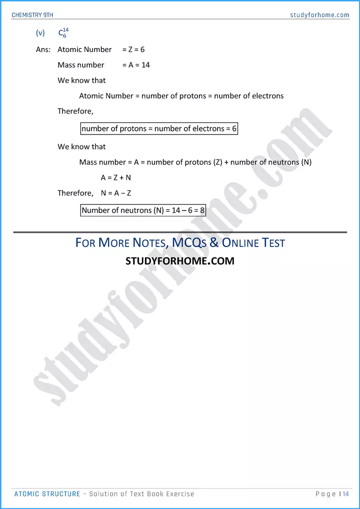 atomic structure solution of text book exercise chemistry class 9th 14