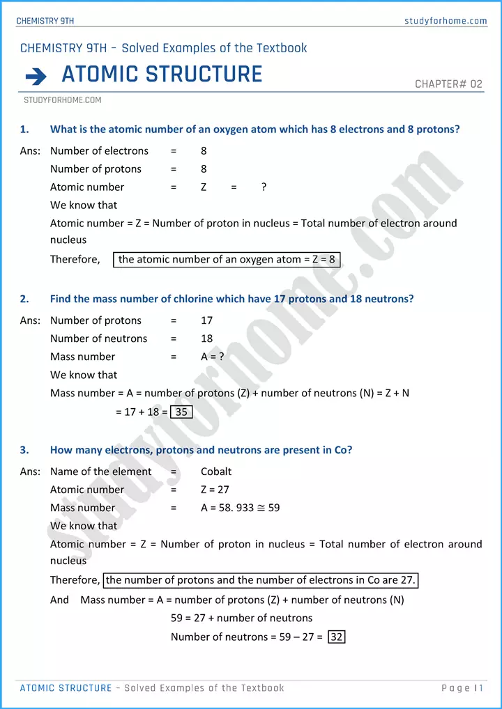 atomic structure solved examples of the textbook chemistry class 9th 01