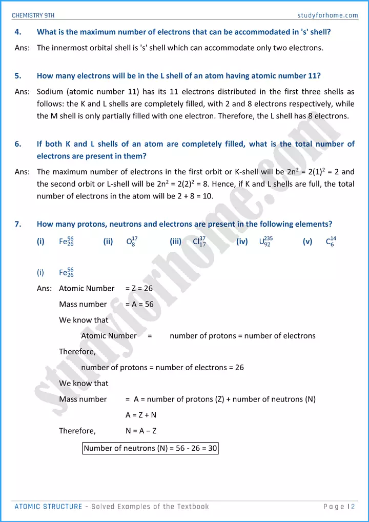 atomic structure solved examples of the textbook chemistry class 9th 02