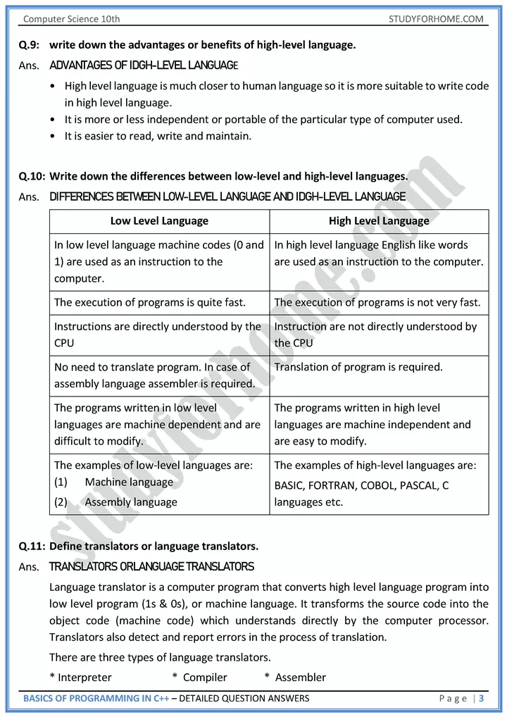 basics of programming in c++ detailed question answers computer science class 10th 03