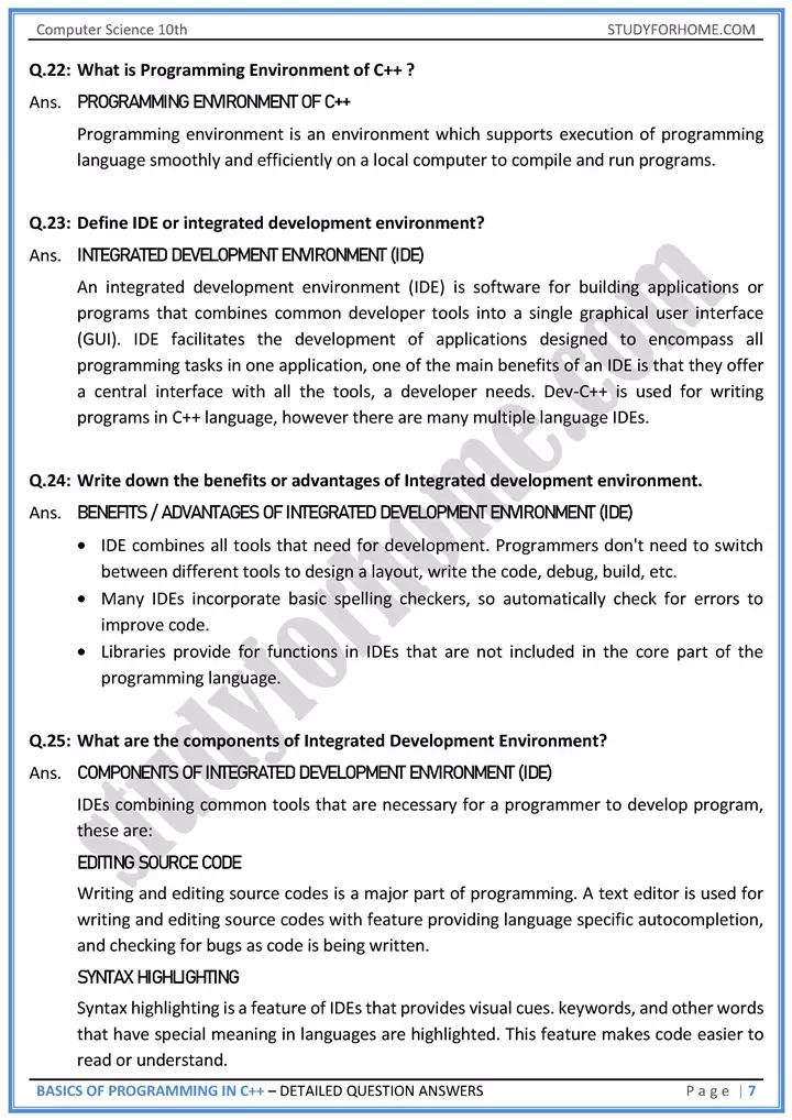 basics of programming in c++ detailed question answers computer science class 10th 07