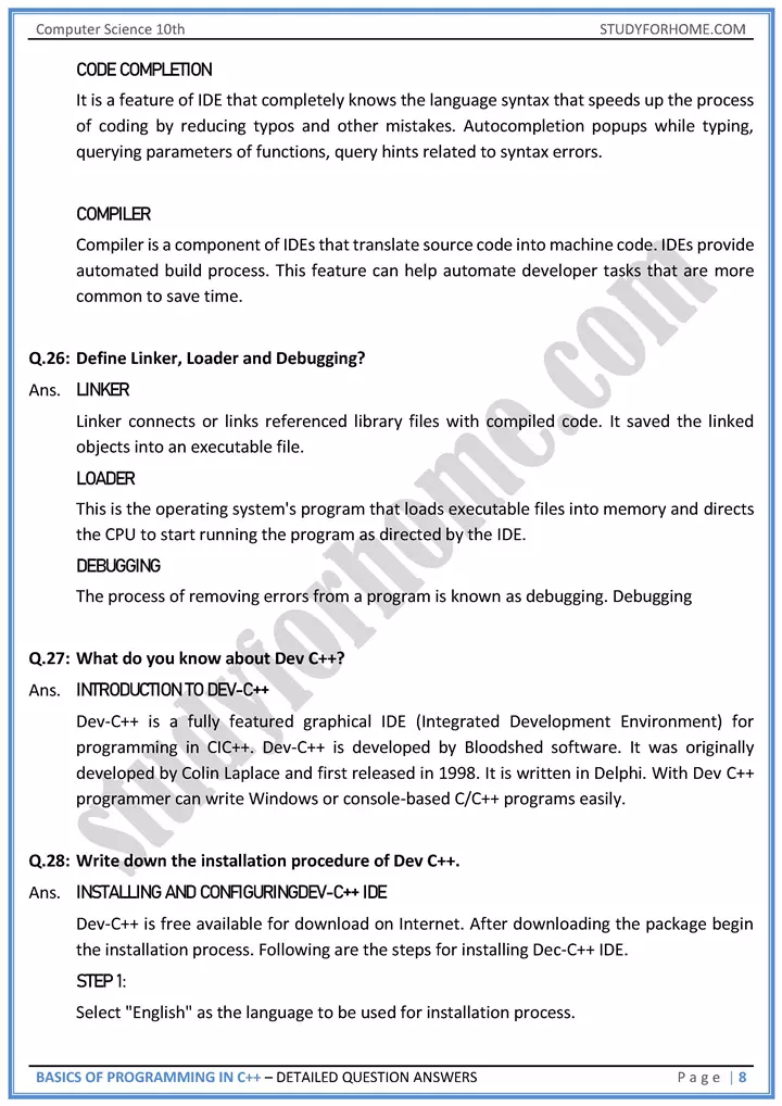 basics of programming in c++ detailed question answers computer science class 10th 08