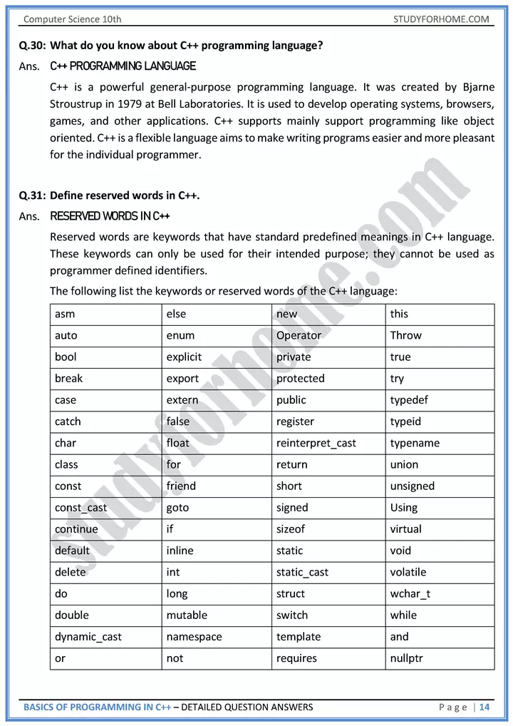 basics of programming in c++ detailed question answers computer science class 10th 14