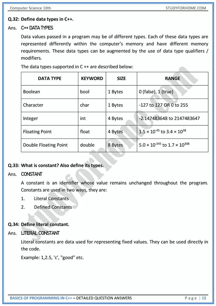 basics of programming in c++ detailed question answers computer science class 10th 15