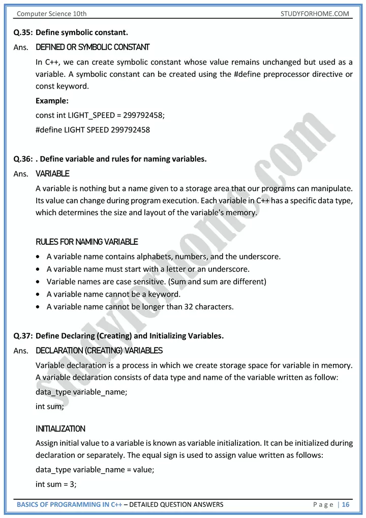 basics of programming in c++ detailed question answers computer science class 10th 16