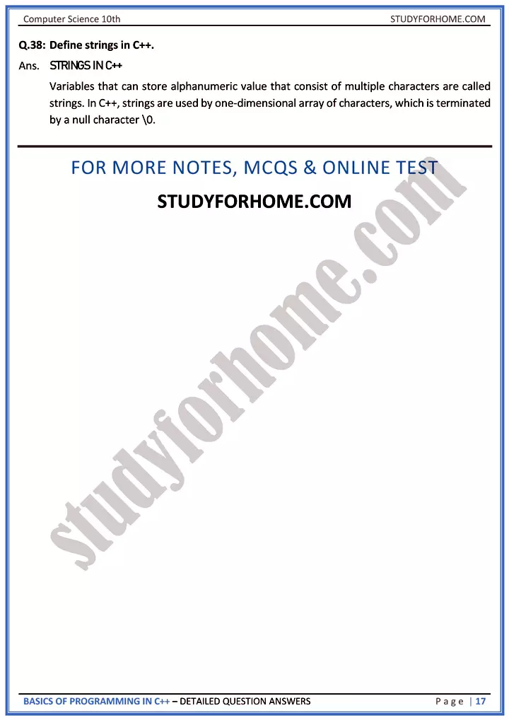 basics of programming in c++ detailed question answers computer science class 10th 17