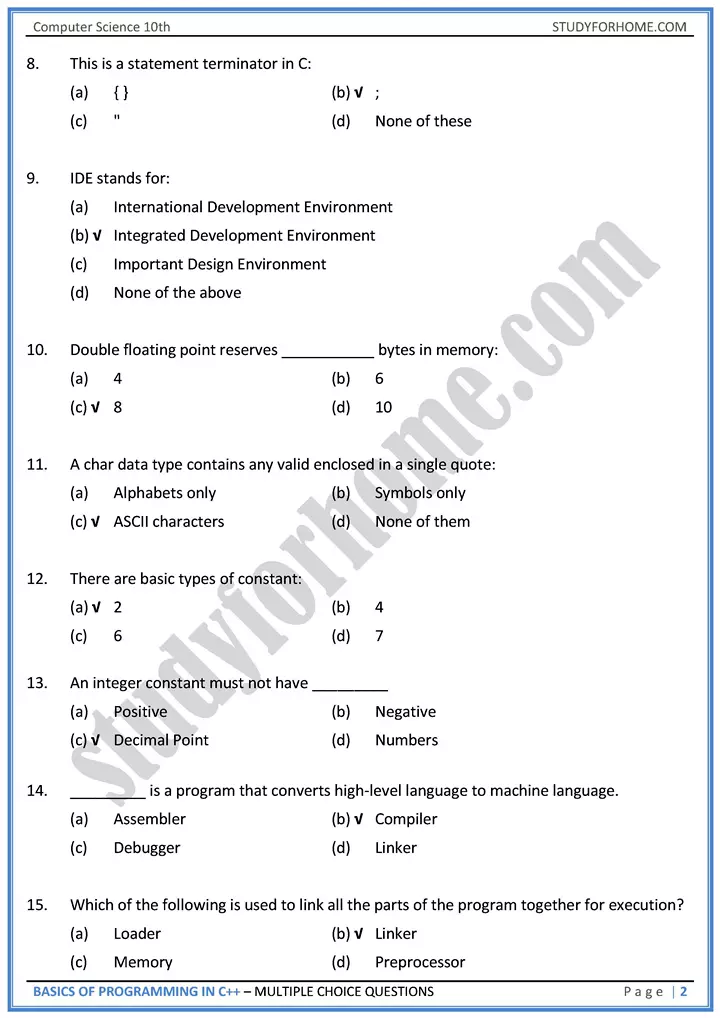 basics of programming in c++ multiple choice questions computer science class 10th 02