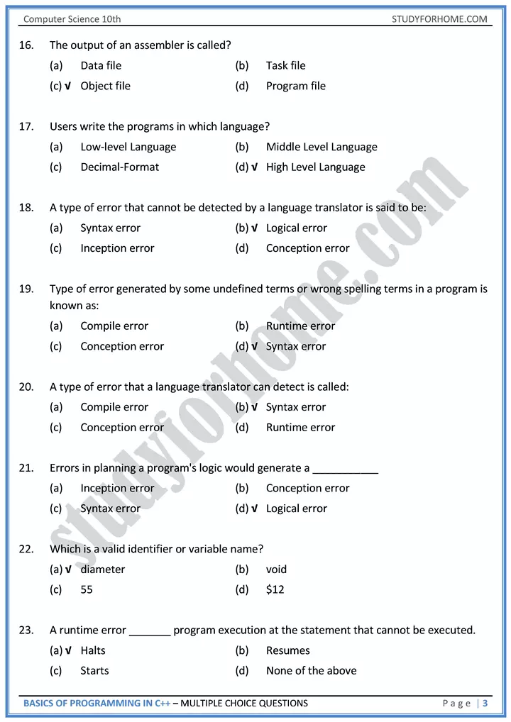 basics of programming in c++ multiple choice questions computer science class 10th 03