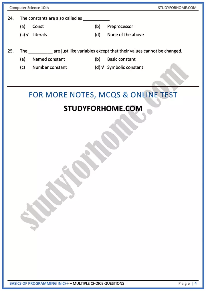 basics of programming in c++ multiple choice questions computer science class 10th 04