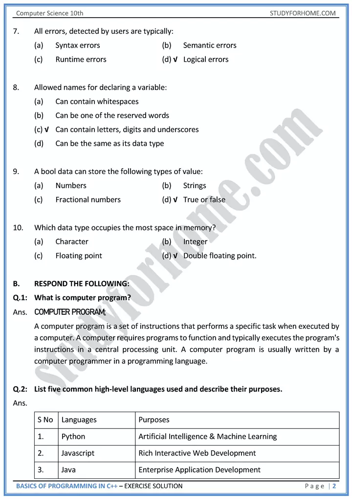 basics of programming in c++ solution of book exercise computer science class 10th 02