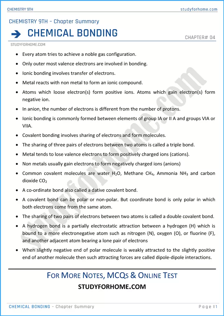 chemical-bonding-chapter-summary-chemistry-class-9th