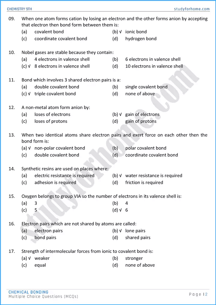 chemical bonding multiple choice questions chemistry class 9th 02