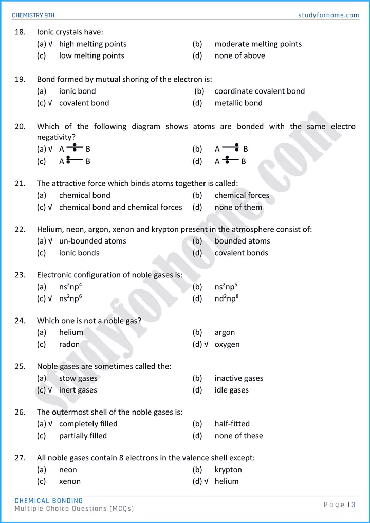 chemical bonding multiple choice questions chemistry class 9th 03